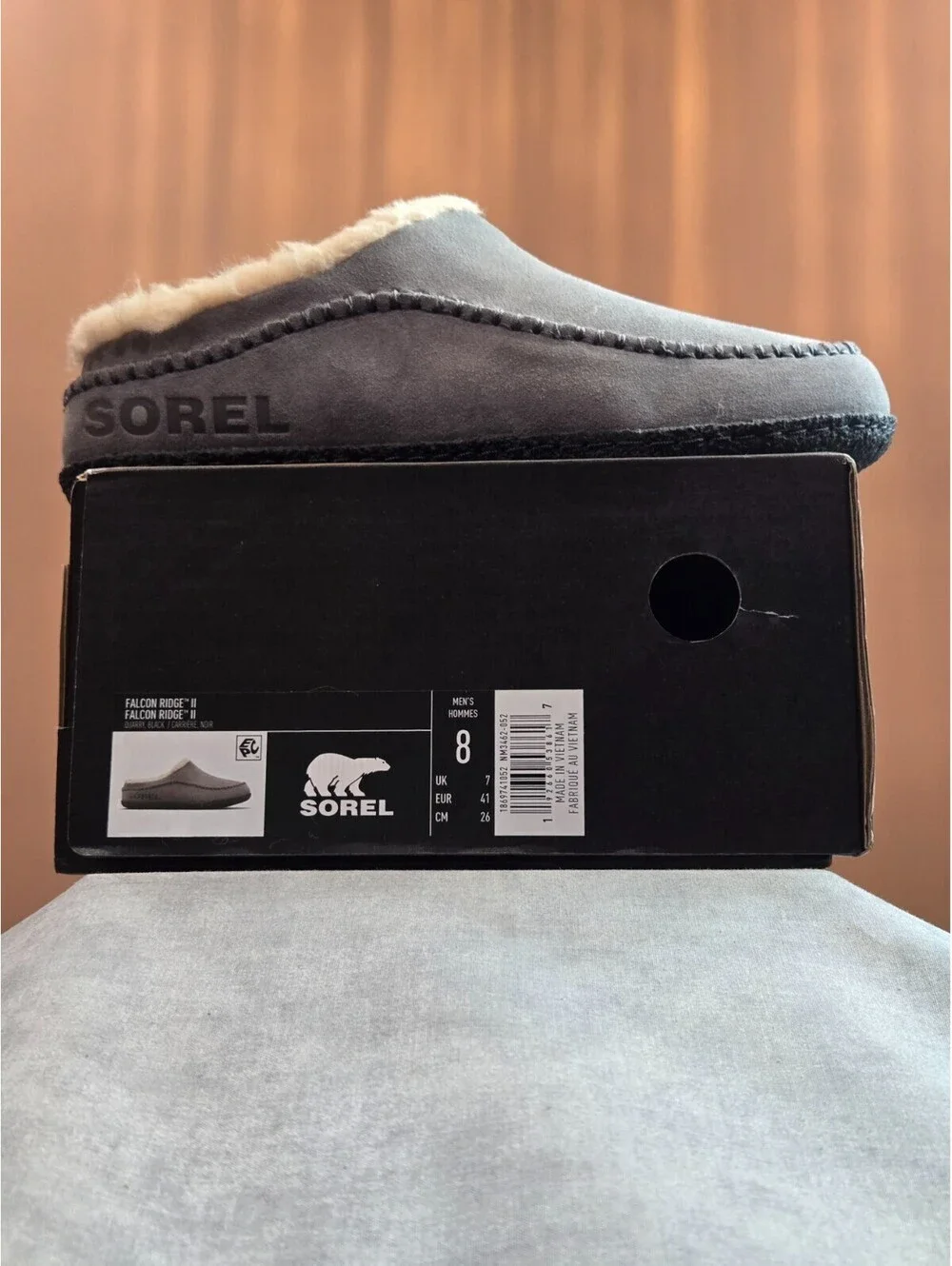 Sorel “Falcon Ridge II” Sherpa Lined Suede Slippers - Quarry Black - Men's 8 NEW
